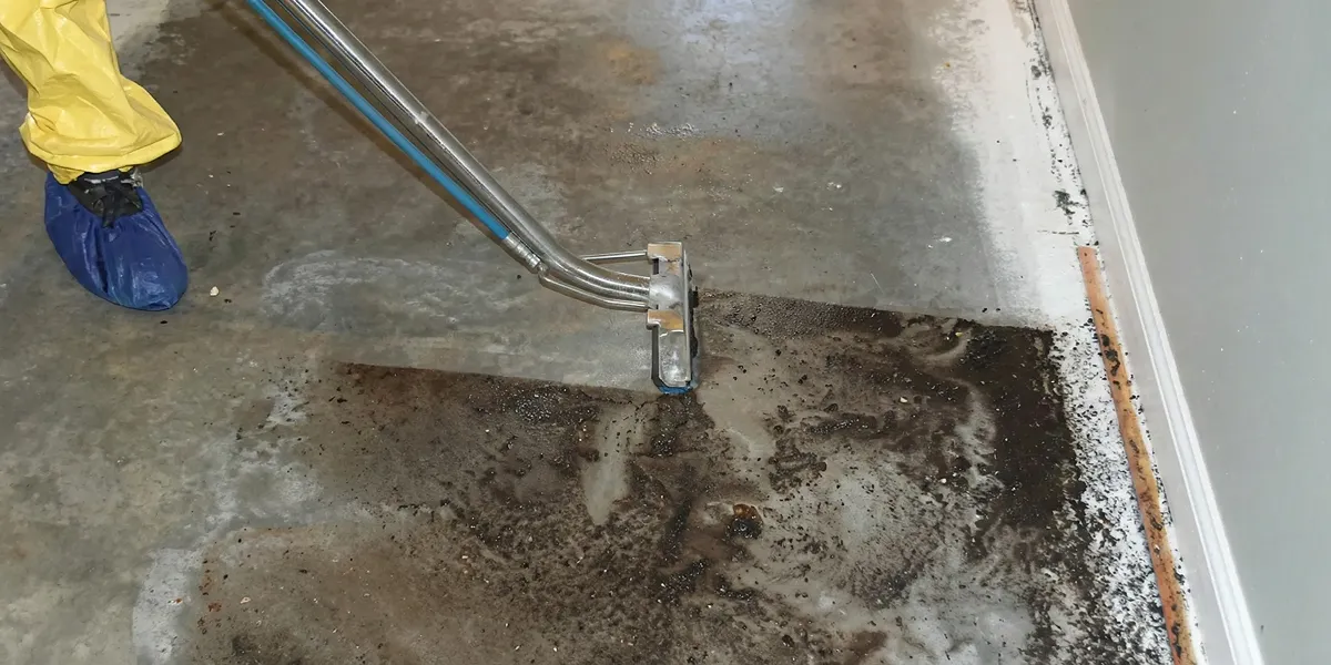 sewage removal technicians extracting contaminated wastewater from a residential floor in Overland Park, KS